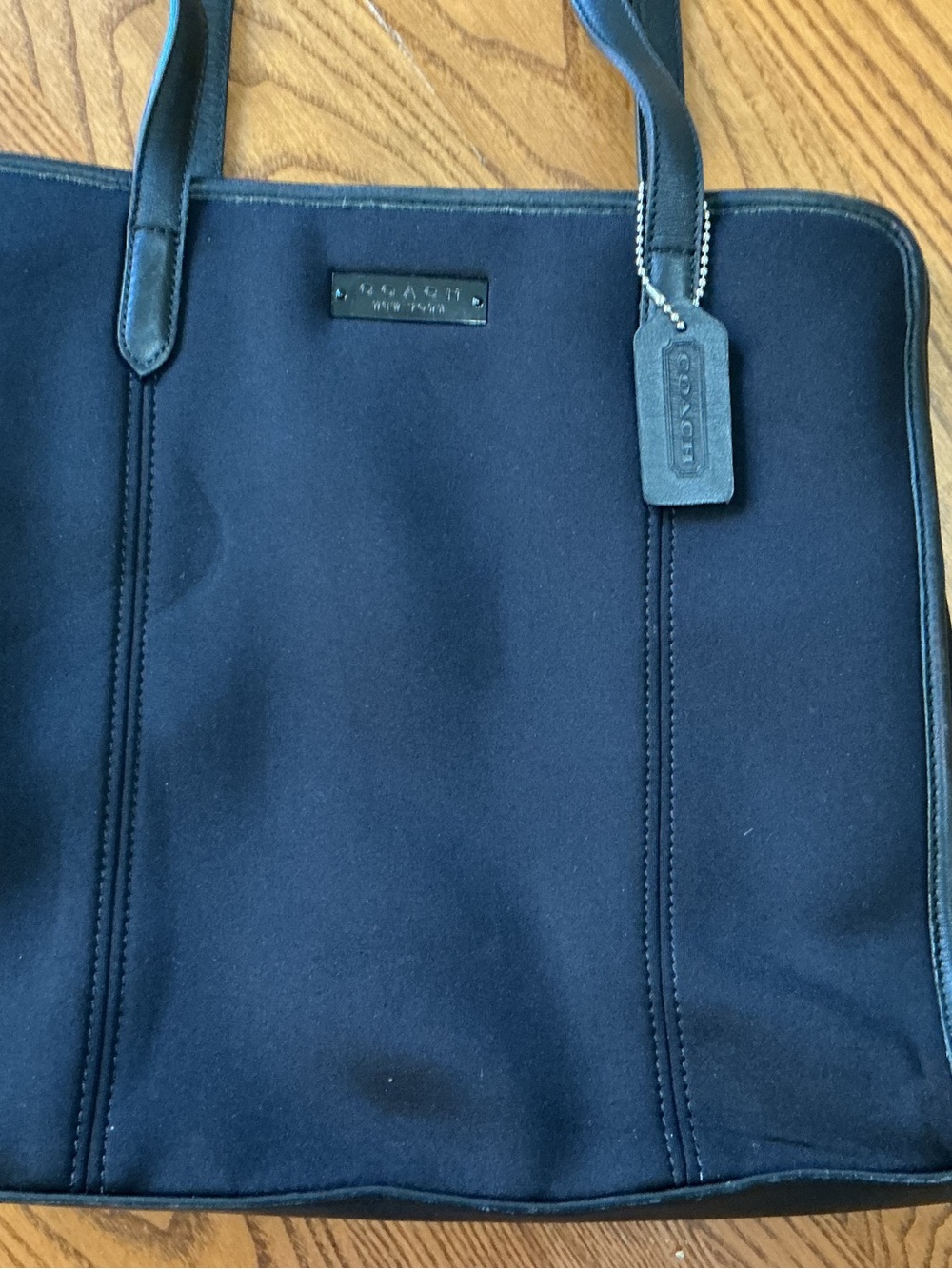 Coach Navy Canvas Laptop Tote with Leather Trim